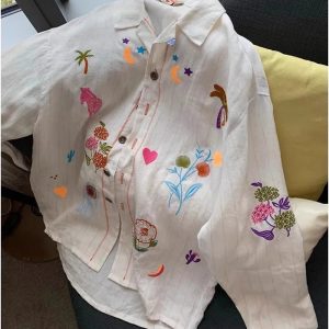 Embroidered Meadow Button-Up Shirt - Y2K Aesthetic Cute Top for Fall