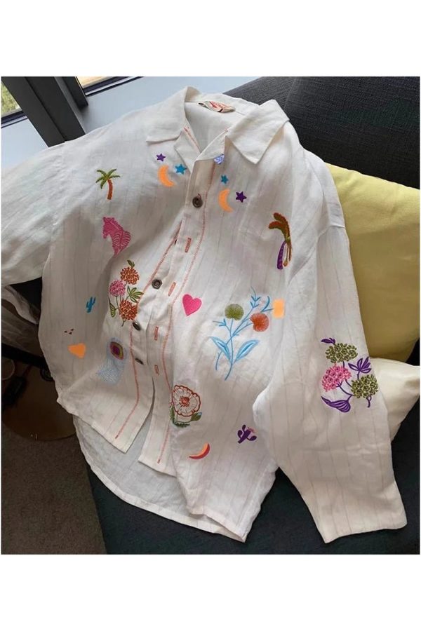 Embroidered Meadow Button-Up Shirt - Y2K Aesthetic Cute Top for Fall