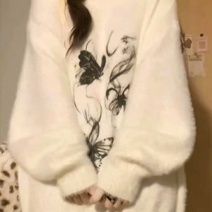 Ethereal Butterfly Fuzzy Sweater - Y2K Aesthetic Cozy Top for Fall