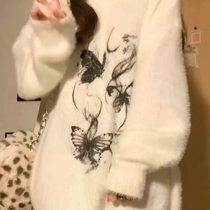 Ethereal Butterfly Fuzzy Sweater - Y2K Aesthetic Cozy Top for Fall