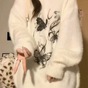 Ethereal Butterfly Fuzzy Sweater - Y2K Aesthetic Cozy Top for Fall