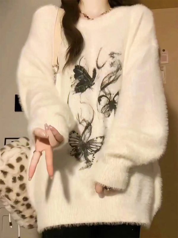 Ethereal Butterfly Fuzzy Sweater - Y2K Aesthetic Cozy Top for Fall