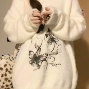 Ethereal Butterfly Fuzzy Sweater - Y2K Aesthetic Cozy Top for Fall