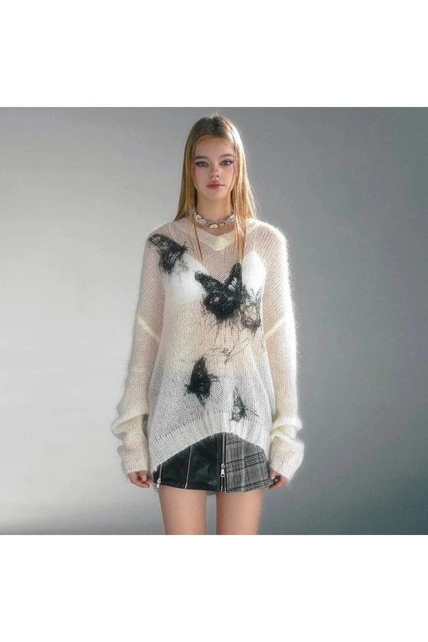 Ethereal Butterfly Knit Sweater - Y2K Aesthetic Cute Top for Fall