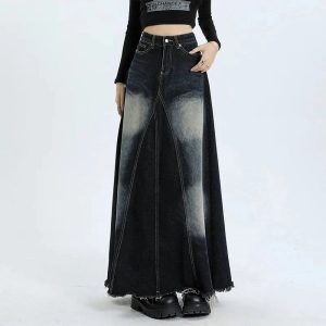 Faded Black Maxi Denim Skirt for Y2K Aesthetic & Grunge Style Outfits