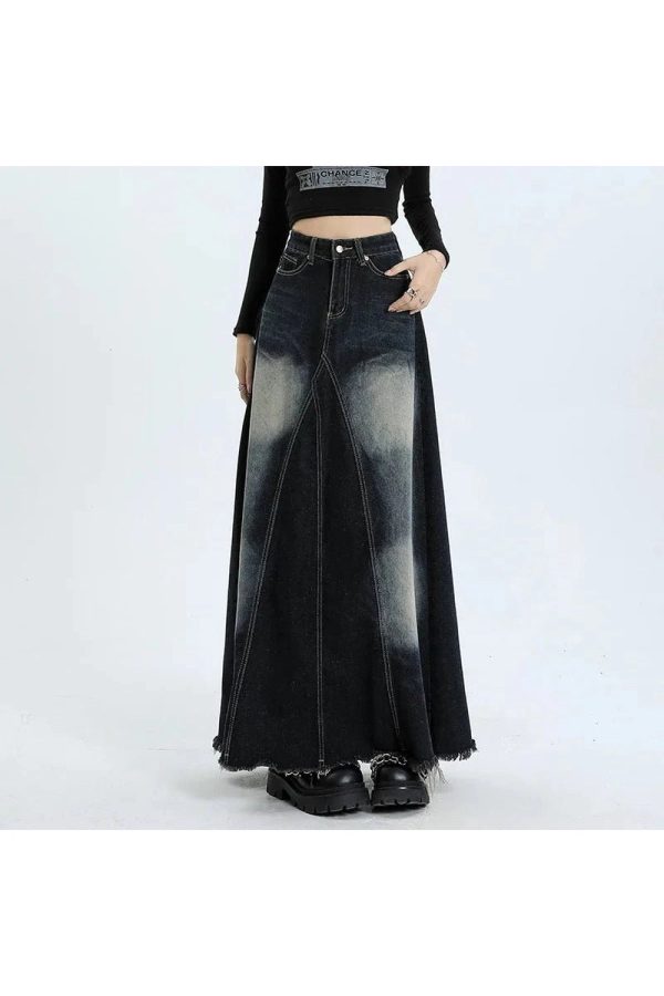 Faded Black Maxi Denim Skirt for Y2K Aesthetic & Grunge Style Outfits