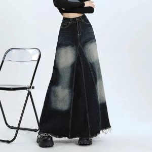 Faded Black Maxi Denim Skirt for Y2K Aesthetic & Grunge Style Outfits