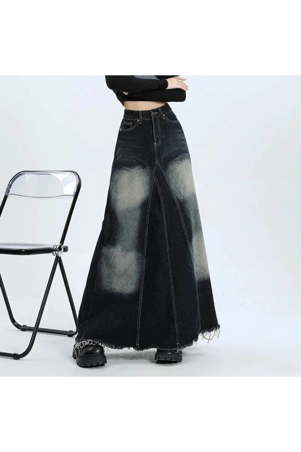 Faded Black Maxi Denim Skirt for Y2K Aesthetic & Grunge Style Outfits