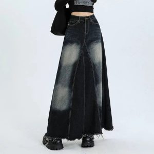 Faded Black Maxi Denim Skirt for Y2K Aesthetic & Grunge Style Outfits