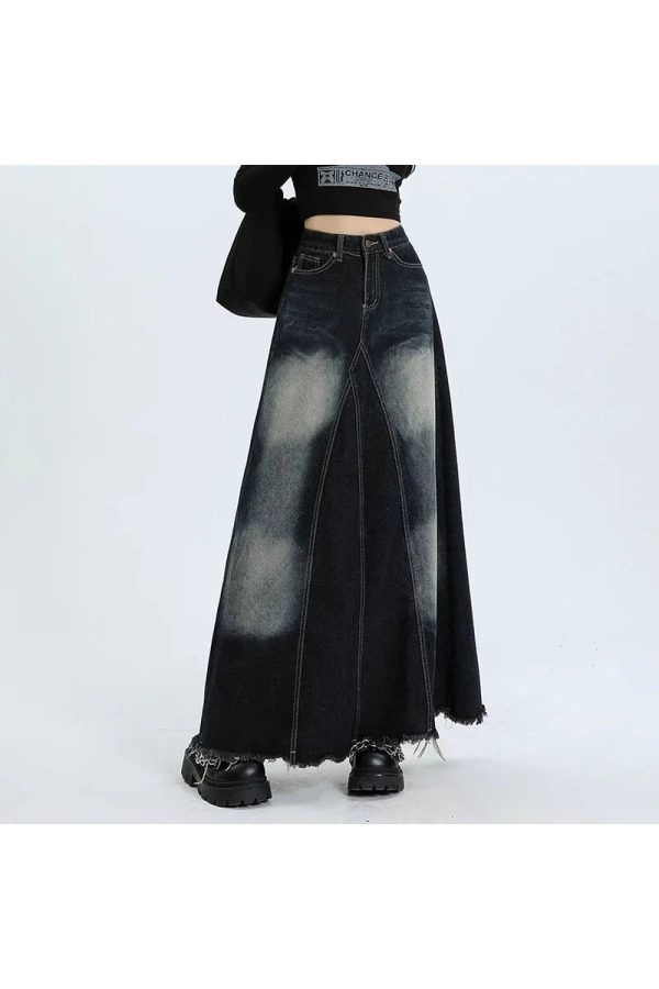 Faded Black Maxi Denim Skirt for Y2K Aesthetic & Grunge Style Outfits