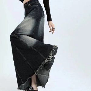 Faded Black Maxi Denim Skirt for Y2K Aesthetic & Grunge Style Outfits