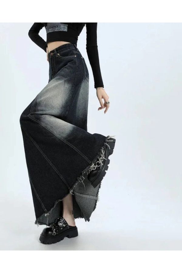 Faded Black Maxi Denim Skirt for Y2K Aesthetic & Grunge Style Outfits