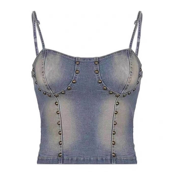 Fairy Grunge Denim Rivet Top - Y2K Aesthetic Cute Grunge Style Top