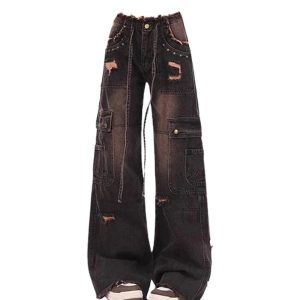 Fall Aesthetic Dark Cargo Distressed Jeans for Y2K and Grunge Style