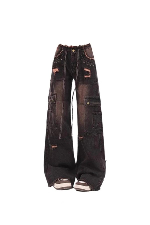 Fall Aesthetic Dark Cargo Distressed Jeans for Y2K and Grunge Style