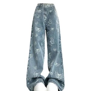 Fall Butterfly Dream Wide-Leg Jeans - Y2K Aesthetic & Comfy Style