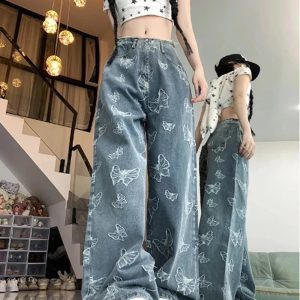 Fall Butterfly Dream Wide-Leg Jeans - Y2K Aesthetic & Comfy Style