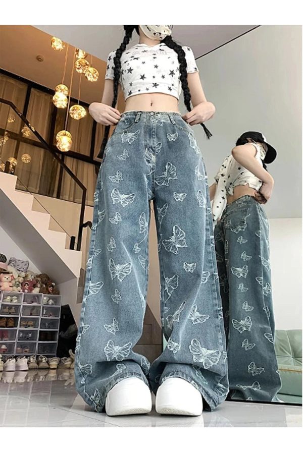 Fall Butterfly Dream Wide-Leg Jeans - Y2K Aesthetic & Comfy Style