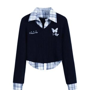 Fall Butterfly Embroidered Layered Sweater in Preppy Aesthetic Style