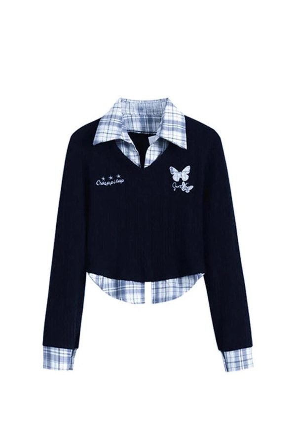 Fall Butterfly Embroidered Layered Sweater in Preppy Aesthetic Style