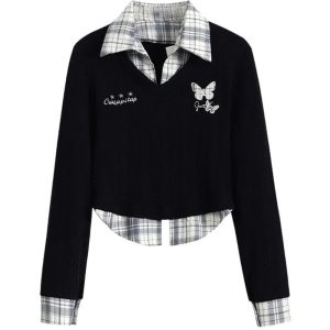 Fall Butterfly Embroidered Layered Sweater in Preppy Aesthetic Style