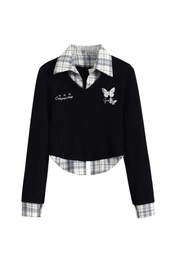 Fall Butterfly Embroidered Layered Sweater in Preppy Aesthetic Style