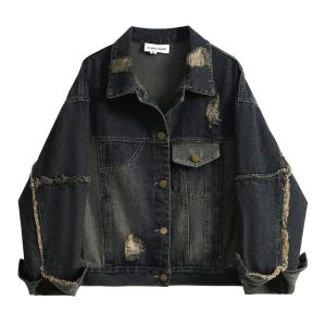 Fall Distressed Denim Jacket - Y2K Grunge Style for Aesthetic Outfits