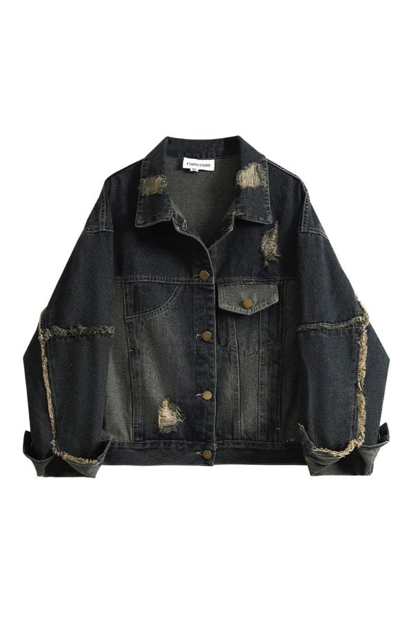 Fall Distressed Denim Jacket - Y2K Grunge Style for Aesthetic Outfits