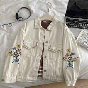 Fall Embroidered Garden Denim Jacket - Y2K Aesthetic Layering Essential