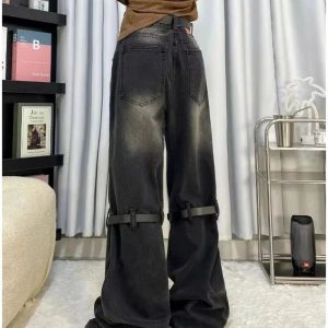 Fall Grunge Wide-Leg Jeans with Buckle Detail for Y2K Aesthetic Style