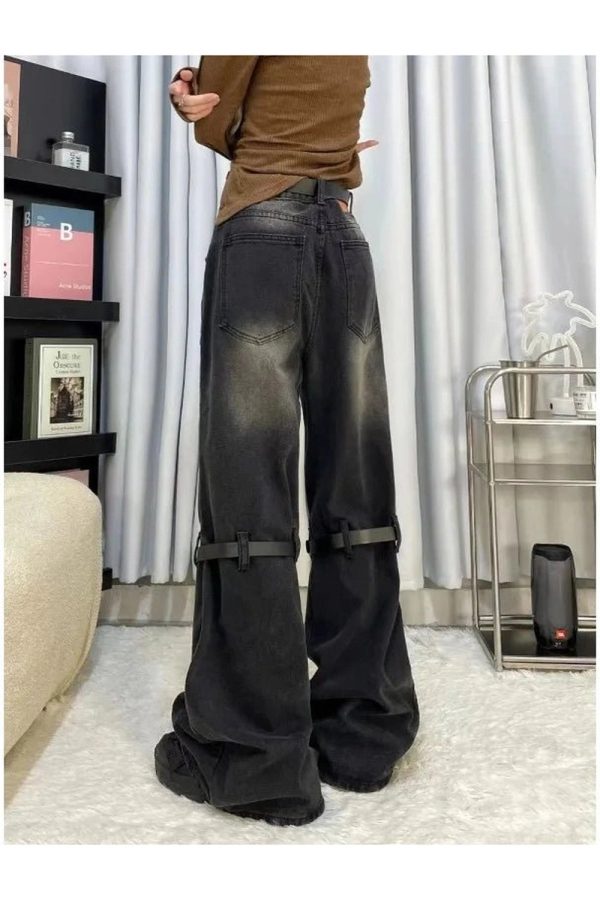 Fall Grunge Wide-Leg Jeans with Buckle Detail for Y2K Aesthetic Style