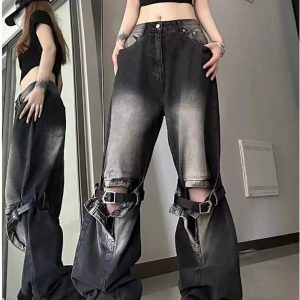 Fall Grunge Wide-Leg Jeans with Buckle Detail for Y2K Aesthetic Style