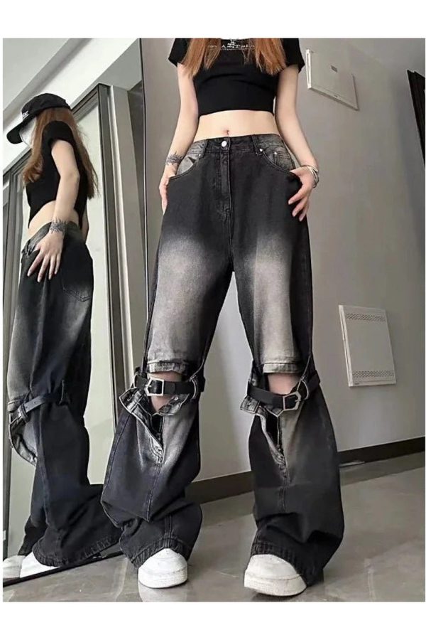 Fall Grunge Wide-Leg Jeans with Buckle Detail for Y2K Aesthetic Style