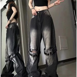 Fall Grunge Wide-Leg Jeans with Buckle Detail for Y2K Aesthetic Style