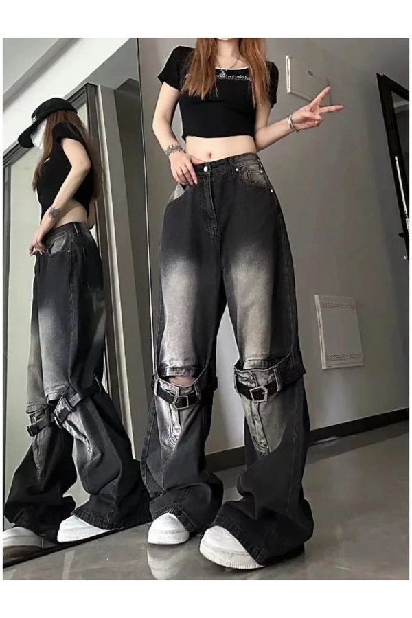 Fall Grunge Wide-Leg Jeans with Buckle Detail for Y2K Aesthetic Style