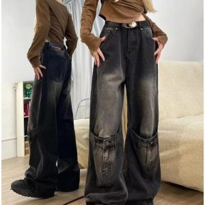 Fall Grunge Wide-Leg Jeans with Buckle Detail for Y2K Aesthetic Style