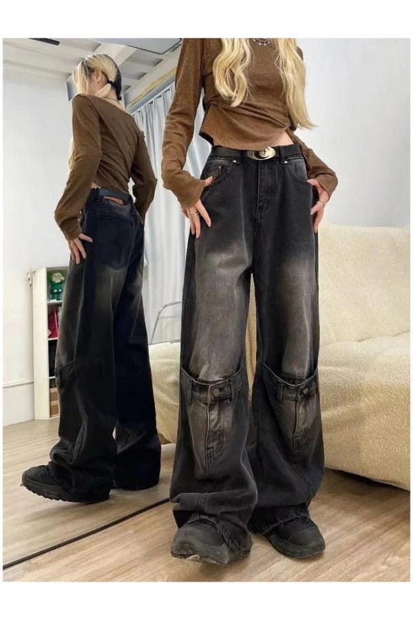 Fall Grunge Wide-Leg Jeans with Buckle Detail for Y2K Aesthetic Style