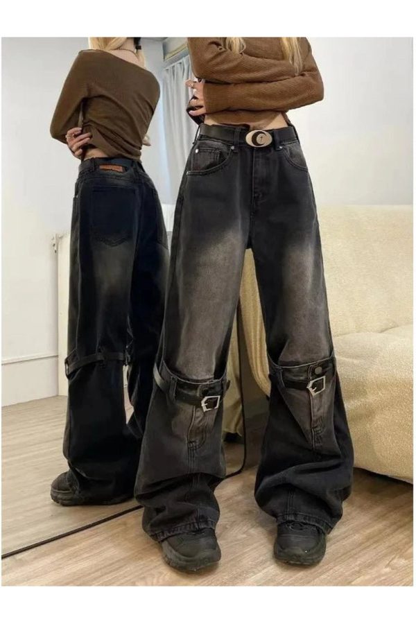 Fall Grunge Wide-Leg Jeans with Buckle Detail for Y2K Aesthetic Style