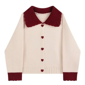 Fall Heart Button Contrast Collar Cardigan - Y2K Aesthetic Cozy Style