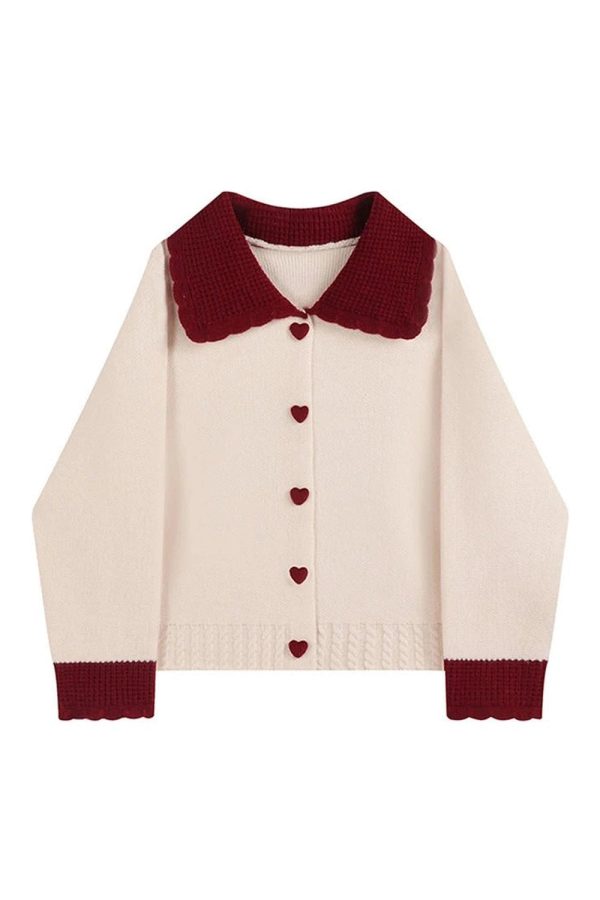 Fall Heart Button Contrast Collar Cardigan - Y2K Aesthetic Cozy Style