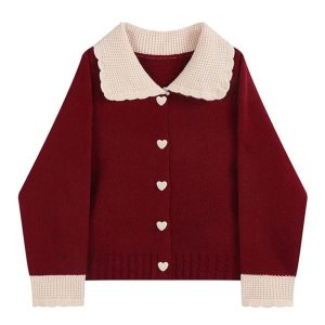 Fall Heart Button Contrast Collar Cardigan - Y2K Aesthetic Cozy Style