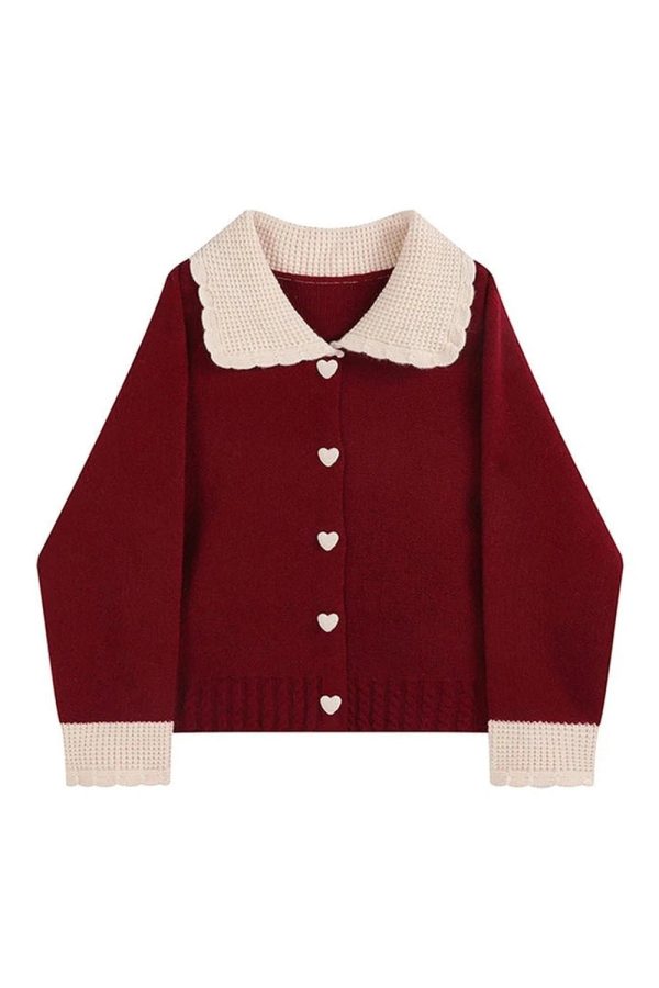 Fall Heart Button Contrast Collar Cardigan - Y2K Aesthetic Cozy Style