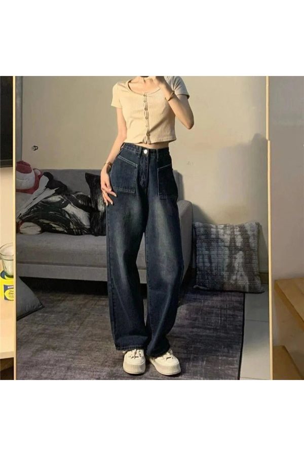 Fall Midnight Wide-Leg Jeans with Pockets - Y2K Aesthetic Essential