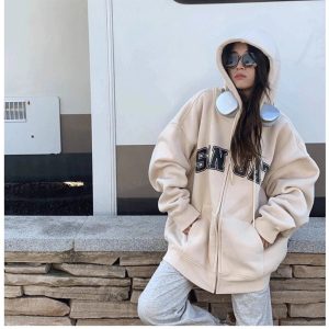 Fall Neutral Y2K Varsity Zip-Up Hoodie for Cozy Aesthetic Vibes