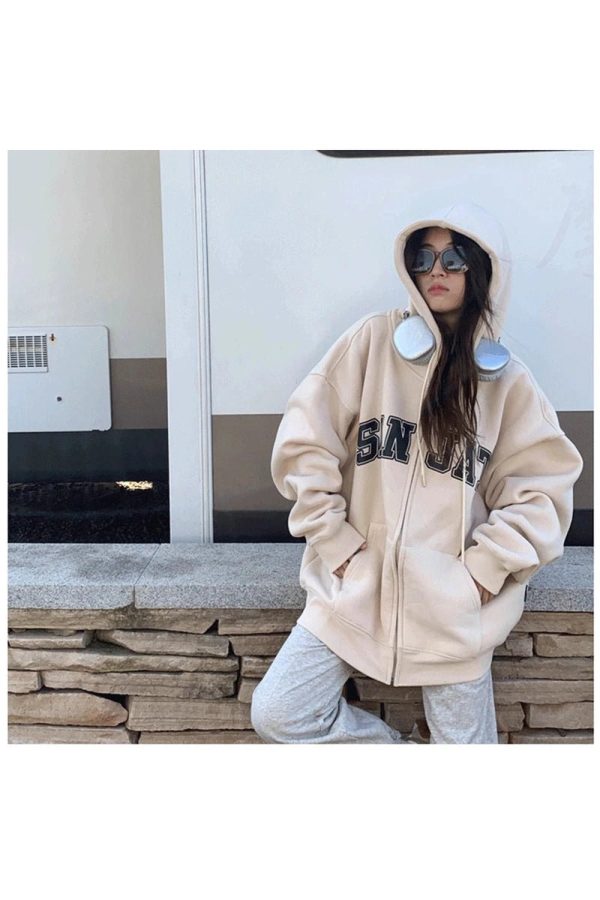 Fall Neutral Y2K Varsity Zip-Up Hoodie for Cozy Aesthetic Vibes