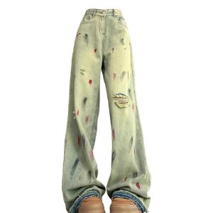 Fall Paint Splatter Grunge Wide-Leg Jeans for Y2K Aesthetic Lovers