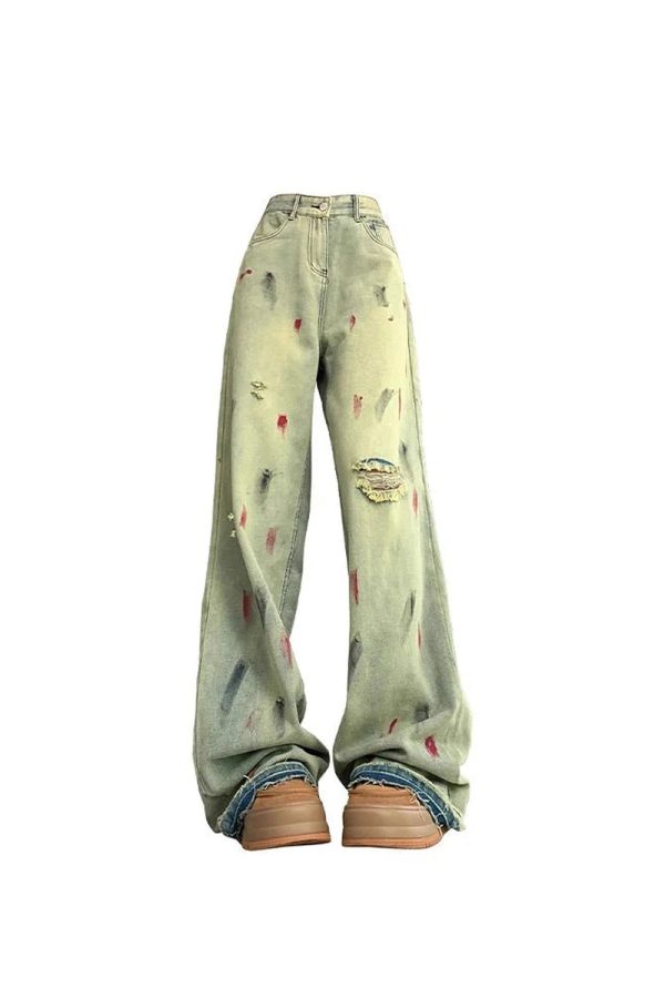 Fall Paint Splatter Grunge Wide-Leg Jeans for Y2K Aesthetic Lovers