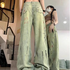 Fall Paint Splatter Grunge Wide-Leg Jeans for Y2K Aesthetic Lovers