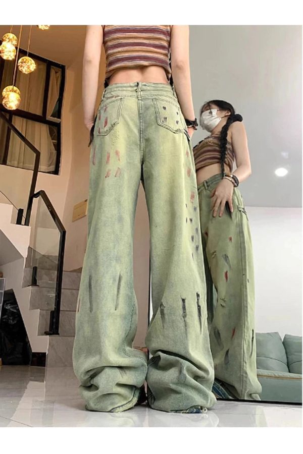 Fall Paint Splatter Grunge Wide-Leg Jeans for Y2K Aesthetic Lovers