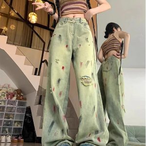 Fall Paint Splatter Grunge Wide-Leg Jeans for Y2K Aesthetic Lovers